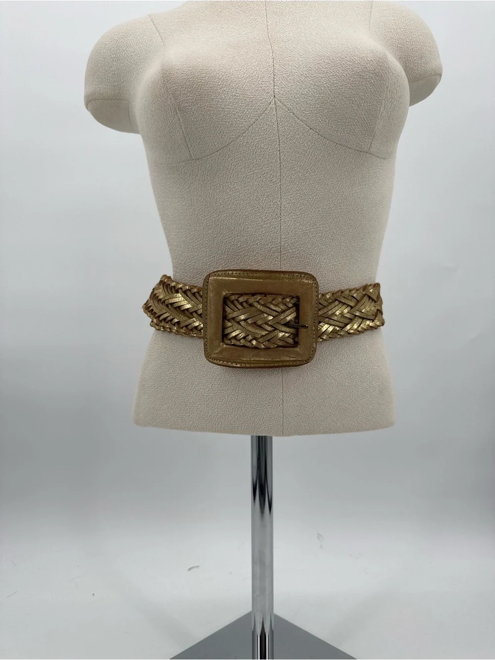 Simply Vera Wang Gold Metallic Leather Belt Braided Wide Buckle Woven Boho Large